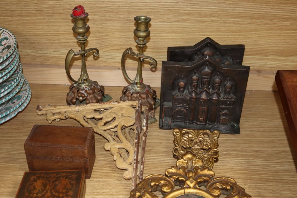 A pair of candlesticks, pottery pots, a sconce, gilt mirrors, three boxes etc (13)
